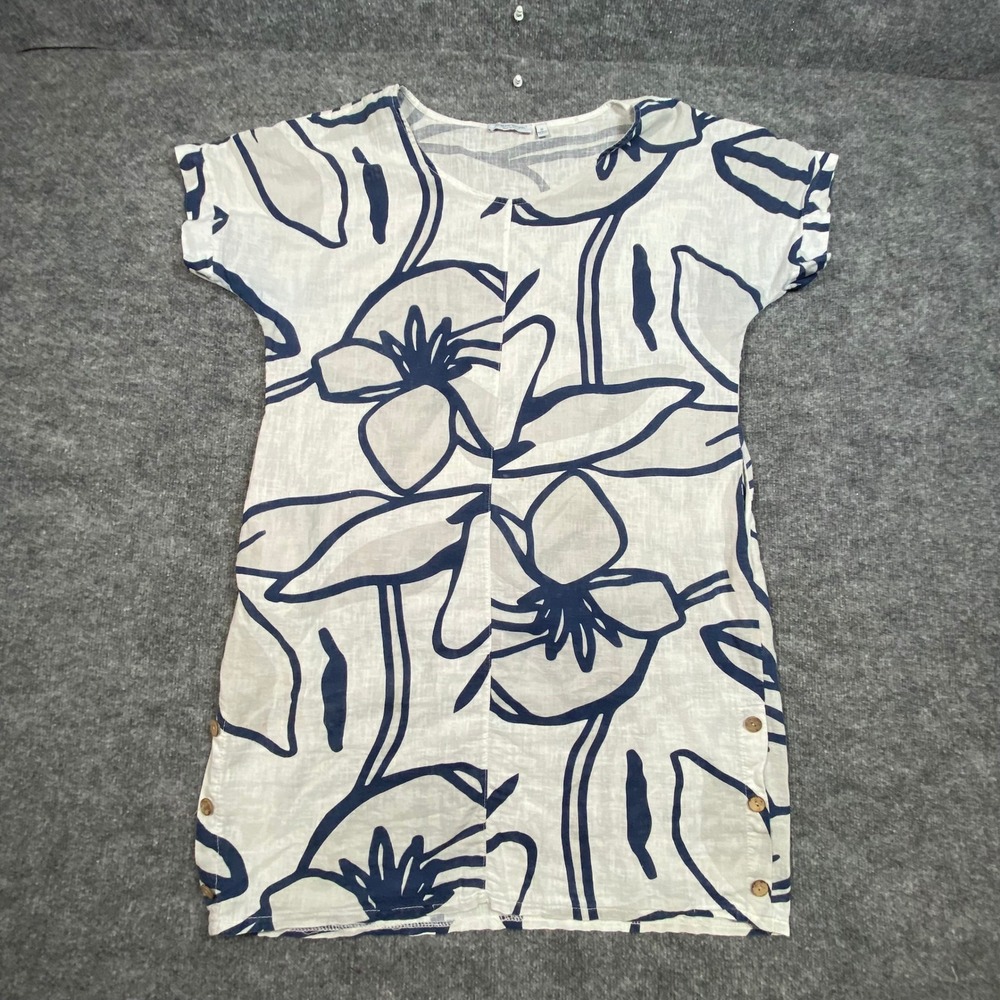 Cristina Vergani Italy Linen‎ Cotton Floral Shift Dress White Navy Blue Size M